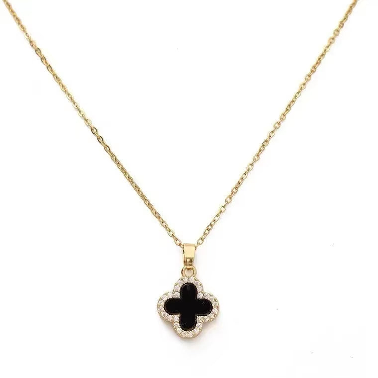 Four Leaf Clover Necklace for Women Black And White Double-Sided Design