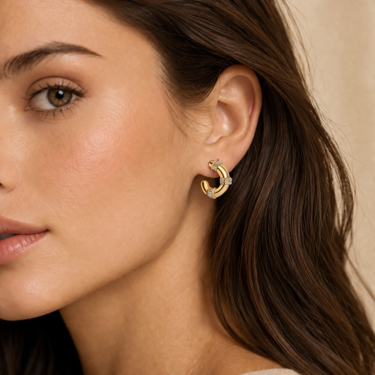 Chic Hoops Diamond Tee Earrings – 18K PVD Gold Plated Stainless Steel Zirconia Hoop Earrings