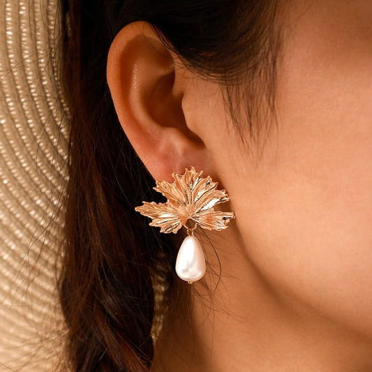 Leaf Pearl Drop Earrings Pair