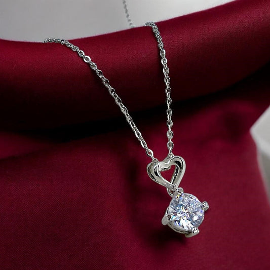 Round Crystal & Heart Pendant Necklace for Women – Silver Plated, Adjustable Chain