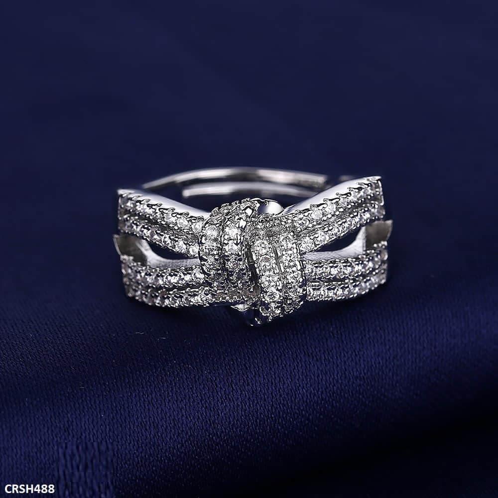 Knotted Silver-Plated Zircon Open Ring.
