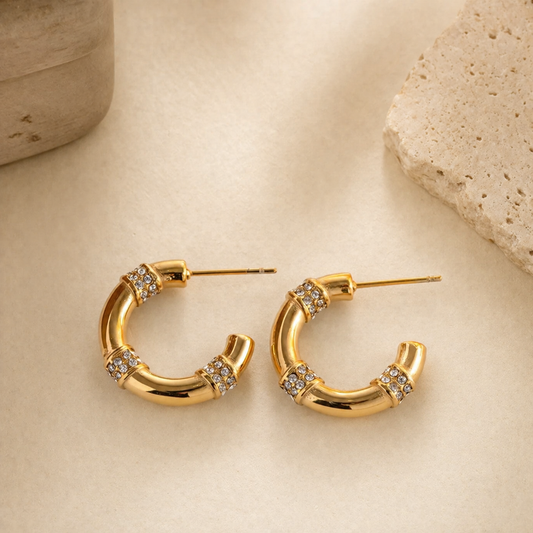 Chic Hoops Diamond Tee Earrings – 18K PVD Gold Plated Stainless Steel Zirconia Hoop Earrings