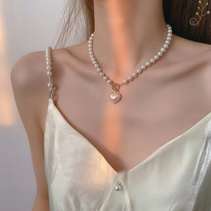 Elegant Pearls Heart Charm OT Buckle Necklace For Women