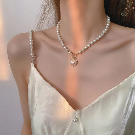 Elegant Pearls Heart Charm OT Buckle Necklace For Women