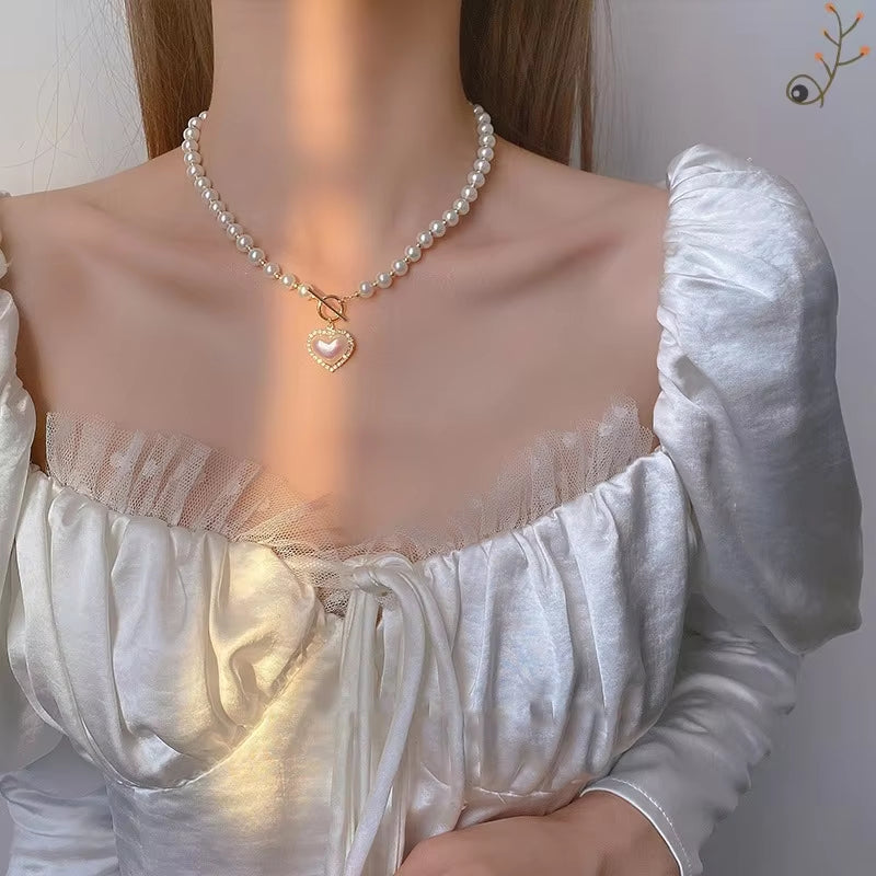 Elegant Pearls Heart Charm OT Buckle Necklace For Women