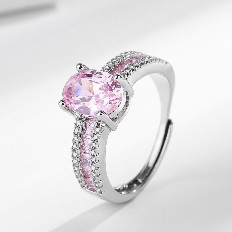 Oval Square Layered Zircon Adjustable Ring for Women | Silver Plated