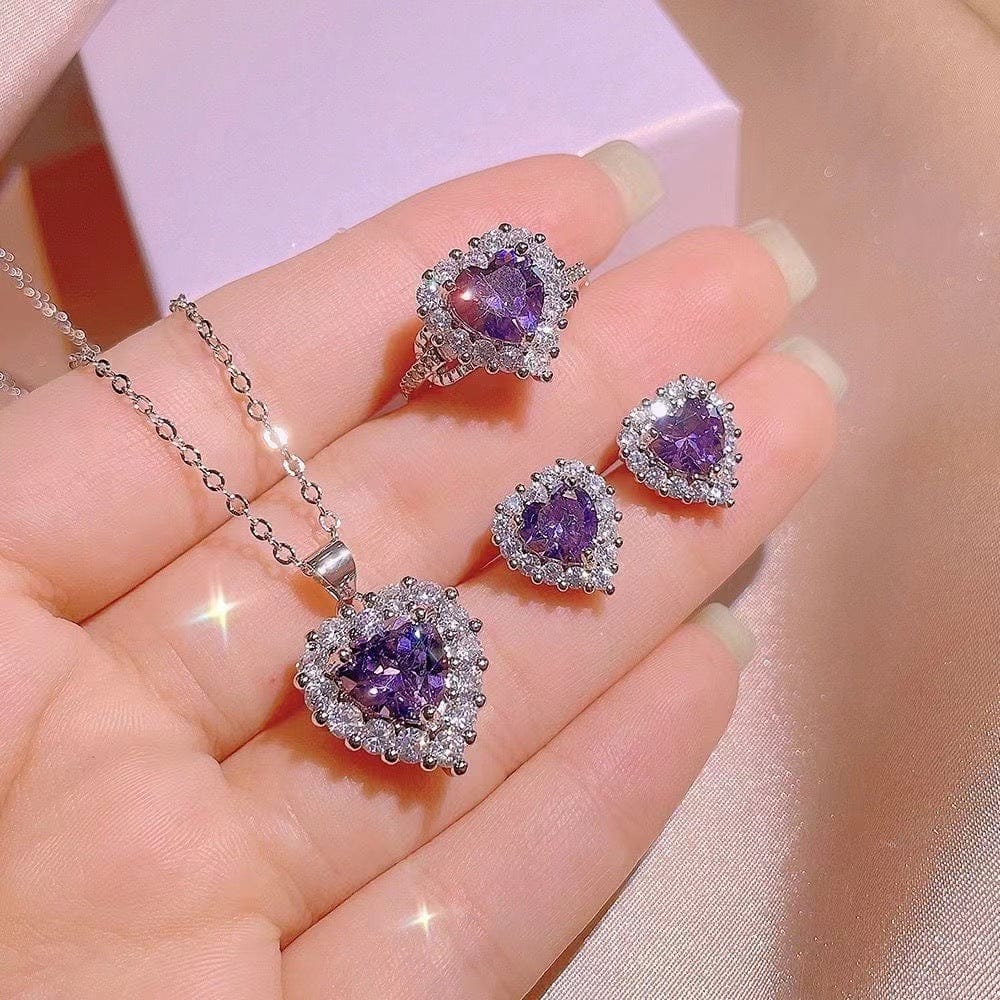 Purple Heart Diamond Jewelry Set for Women –  (3-Piece Set)