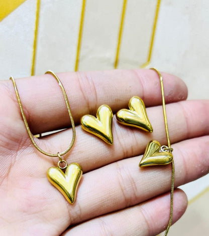Stainless Steel Heart Pendant Studs Set
