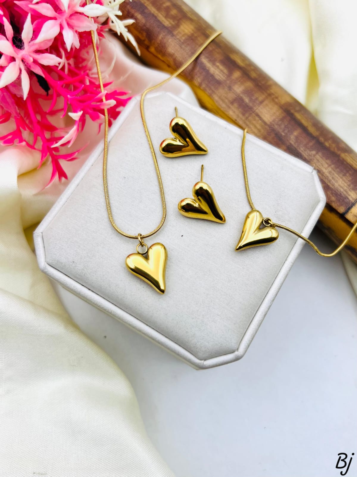 Stainless Steel Heart Pendant Studs Set