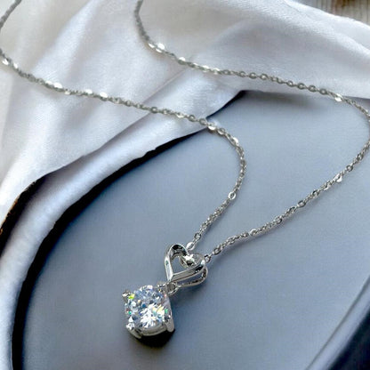 Round Crystal &amp; Heart Pendant Necklace for Women – Silver Plated, Adjustable Chain