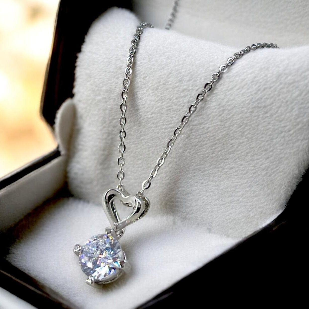Round Crystal &amp; Heart Pendant Necklace for Women – Silver Plated, Adjustable Chain