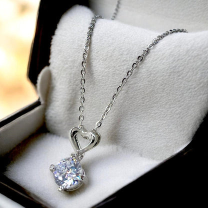 Round Crystal &amp; Heart Pendant Necklace for Women – Silver Plated, Adjustable Chain